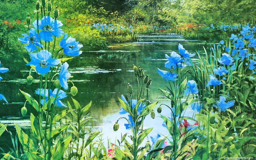 Синие маки. Питер Эленшоу - цветы, пейзаж, зеленый, синий, эленшоу, вода, болото - оригинал