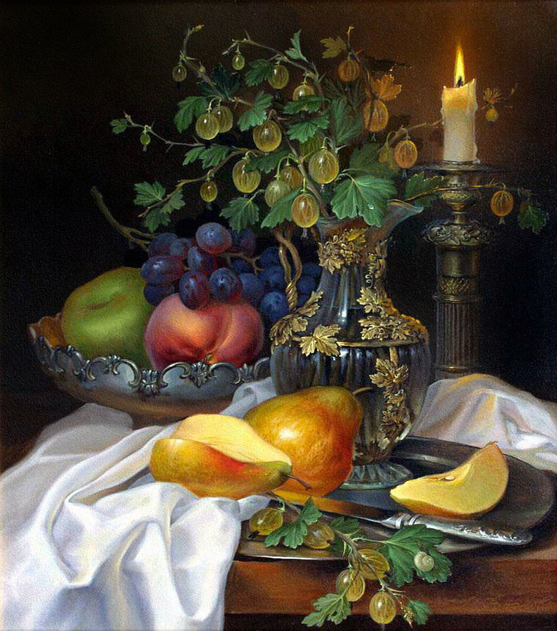 Натюрморт со свечой - крыжовник, виноград, фрукты, свеча - оригинал