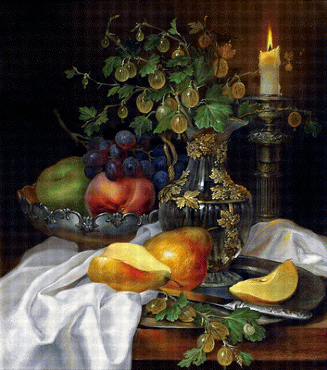 Натюрморт со свечой - свеча, виноград, крыжовник, фрукты - предпросмотр