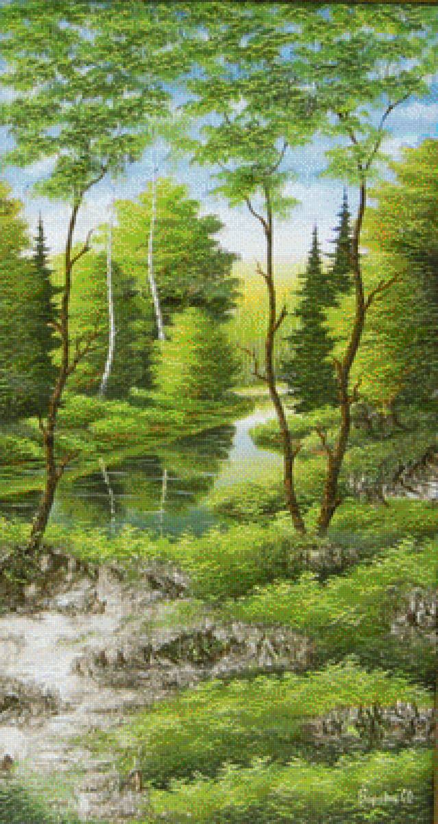Лесная красота рисунок. Вышивка крестом природа пейзажи лес. Картины природы Ручеек. Картина лето в лесу вышивка. Картины на бересте природа пейзажи.