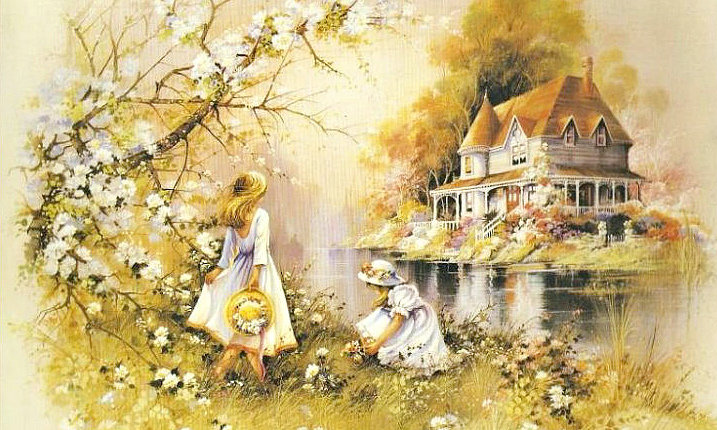 на берегу - девочки. дом. берег. цветы. лето - оригинал