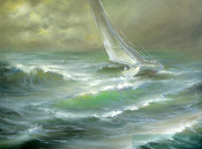 Покоряя волны Лаптева Виктория - ветер, шквал, шторм, море, волны, парусник. - оригинал