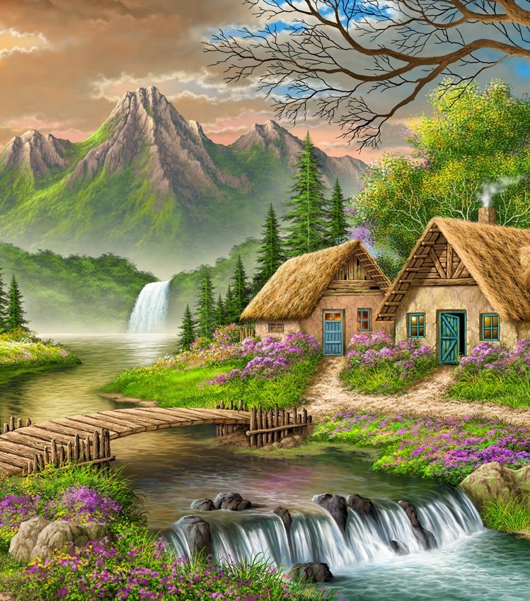 горный пейзаж - дома, лето, водопад, вода, природа, деревья, горы - оригинал