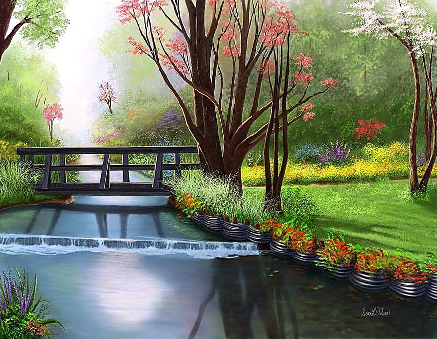 Худ. Sena Wilson. Цветущий парк. - парк, живопись., пейзаж - оригинал