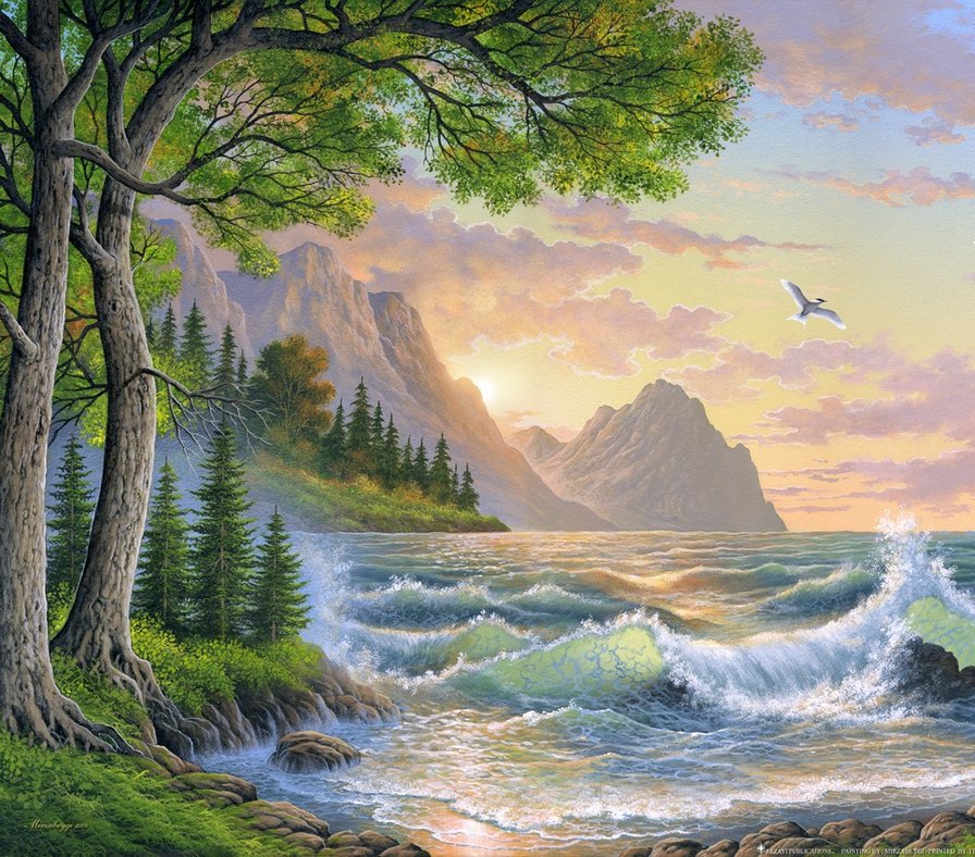 морской пейзаж - природа, горы, деревья, вода, лето, волна - оригинал