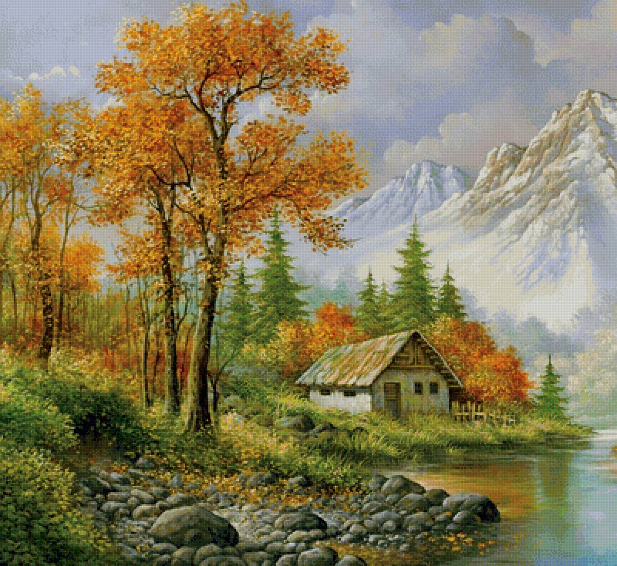 осенний пейзаж - осень, деревья, дом, вода, природа, горы - предпросмотр
