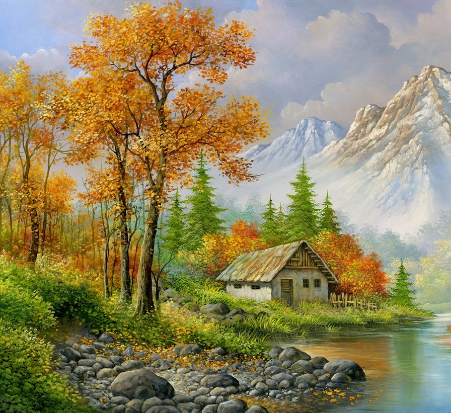 осенний пейзаж - вода, осень, горы, деревья, природа, дом - оригинал