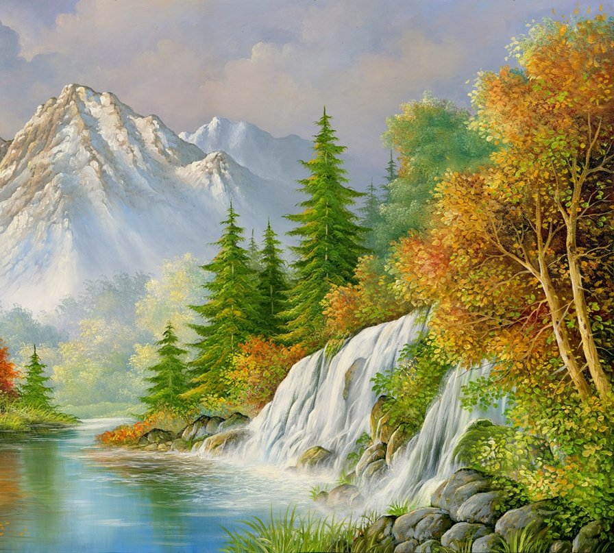 осенний пейзаж - вода, деревья, водопад, осень, горы, природа - оригинал