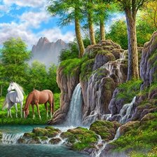 кони у водопада