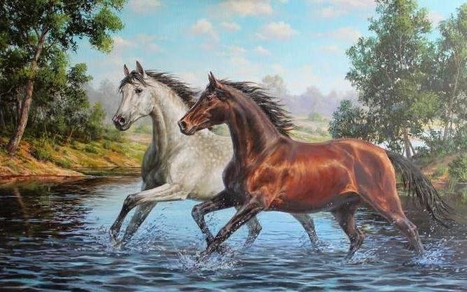 Пара лошадей - лошади, пейзаж, природа, картина, река - оригинал