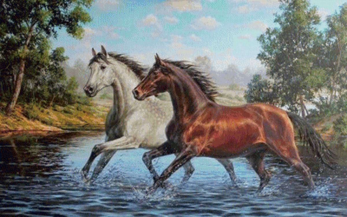 Пара лошадей - река, картина, лошади, природа, пейзаж - предпросмотр