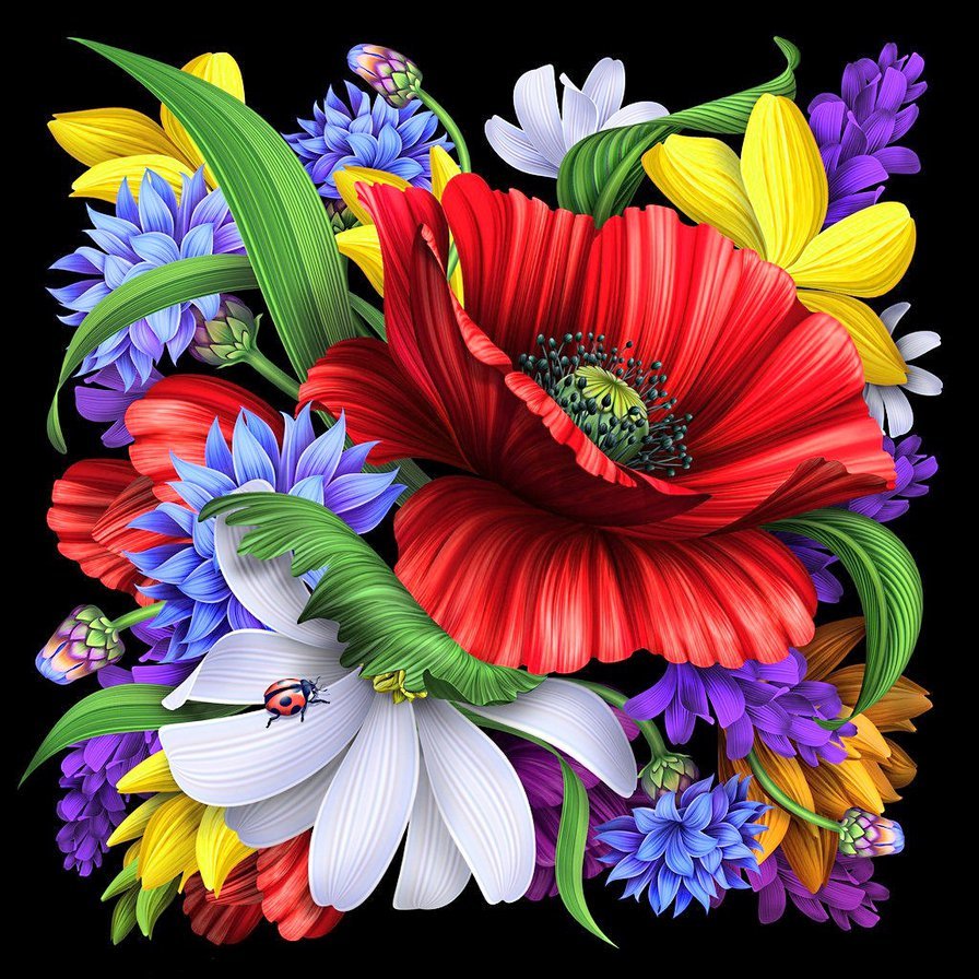 подушка"полевые цветы" - божья коровка, васильки, полевые цветы, мак, маки, ромашка, подушка - оригинал