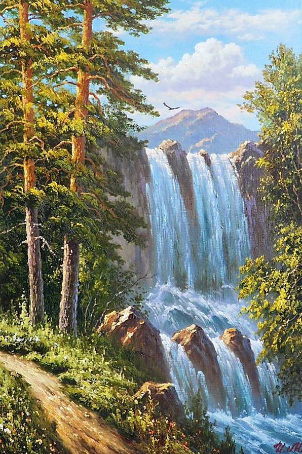 Водопад в горах - природа, водопад, живопись, дерева, река, пейзаж, горы - оригинал
