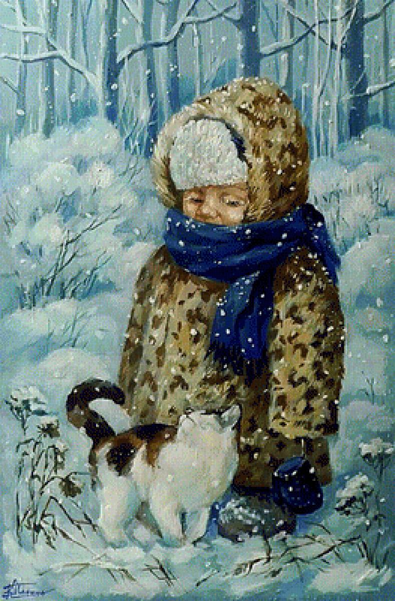 Худ. Кира Панина. Что делать? - котенок, живопись., зима, дети - предпросмотр