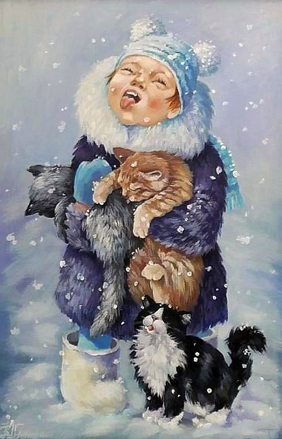 Худ. Кира Панина. Снежок. - зима, коты, дети, живопись. - оригинал
