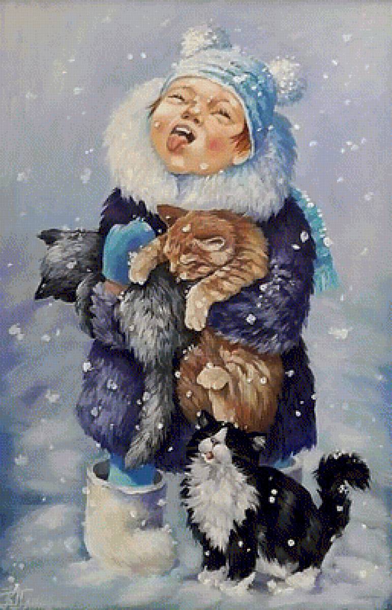 Худ. Кира Панина. Снежок. - дети, коты, зима, живопись. - предпросмотр