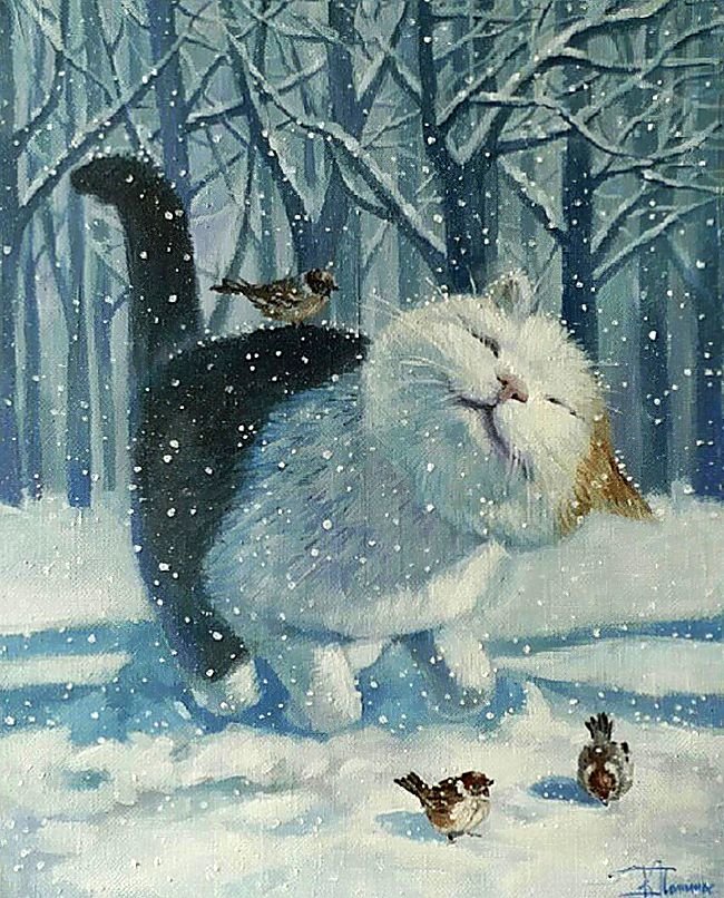 Худ. Кира Панина. Зима. - коты, зима, живопись., птицы - оригинал