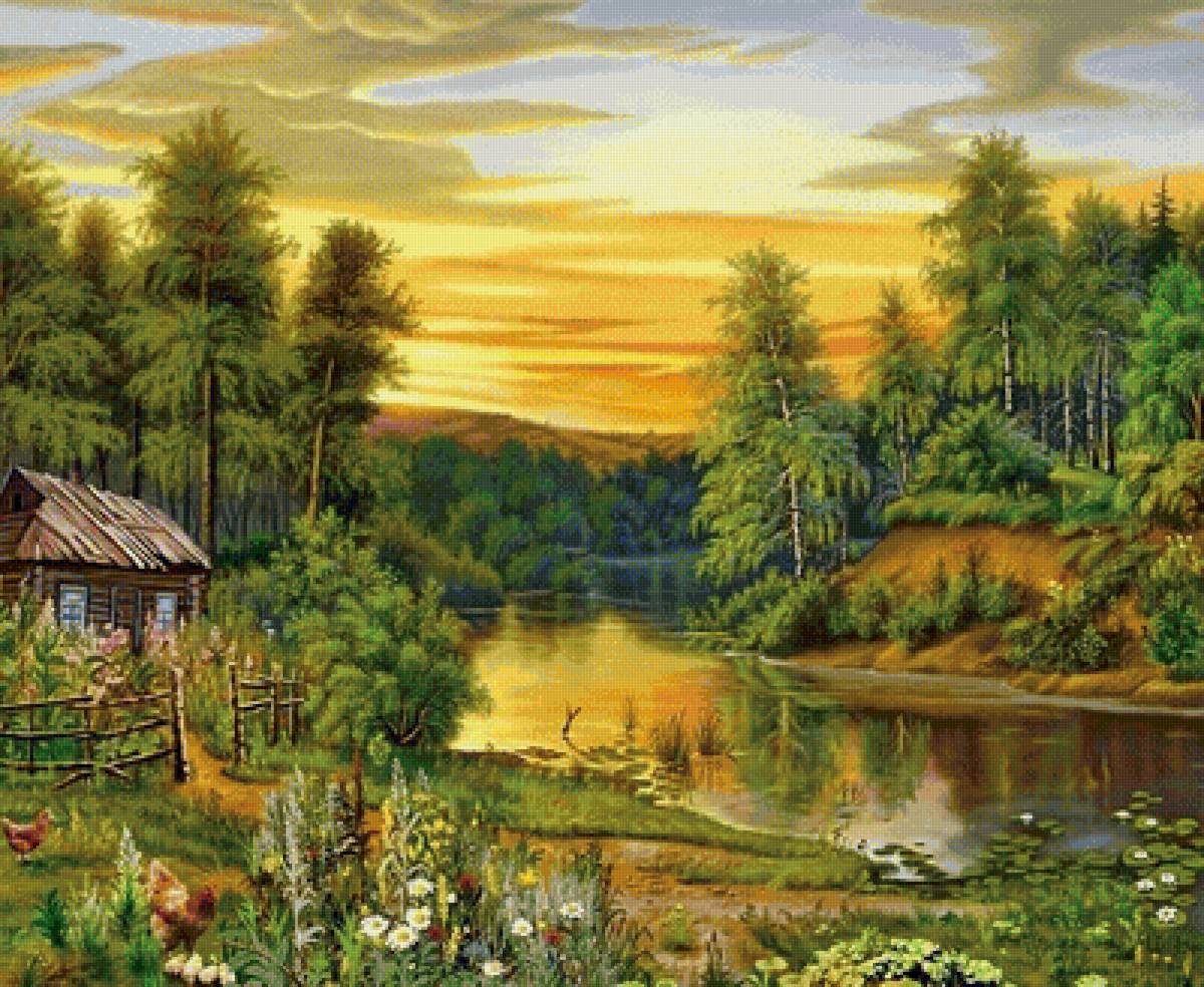 Домик у реки - лес, картина, пейзаж, река - предпросмотр