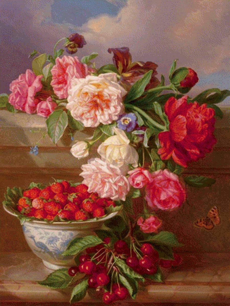 Натюрморт - фрукты, розы, ягоды, натюрморт, цветы - предпросмотр