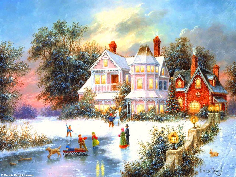 Деннис Льюэн - новый год, каникулы, дети, рождество, дом, пейзаж, зима - оригинал