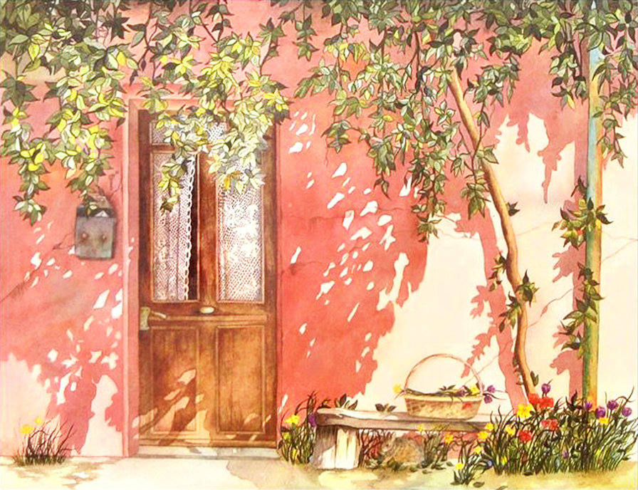 Помм Хэпнер. Дверь в розовой стене - дверь, розовый, солнечно, архитектура, цветы, картинка - оригинал