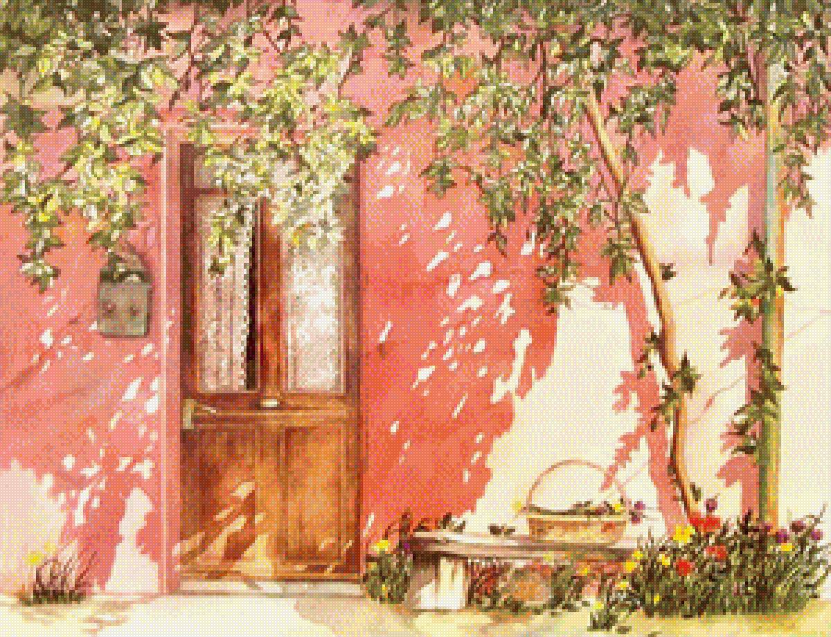 Помм Хэпнер. Дверь в розовой стене - цветы, розовый, архитектура, дверь, картинка, солнечно - предпросмотр