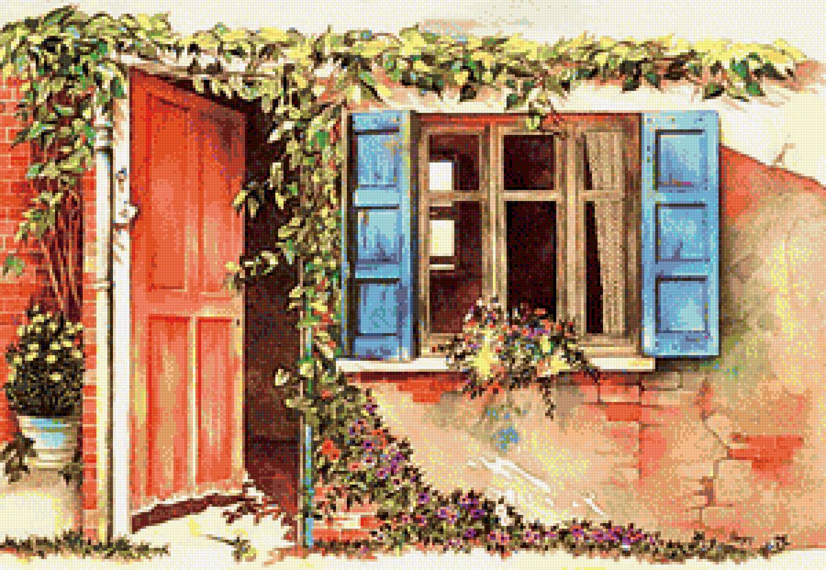 Помм Хэпнер. Синие ставни - солнечно, розовый, цветы, дверь, архитектура, окошко, картинка - предпросмотр