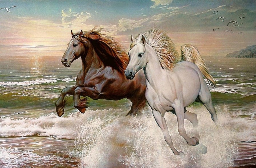 он и она - кони, волны, белый конь, домашние животные, лошади, пара, волна - оригинал