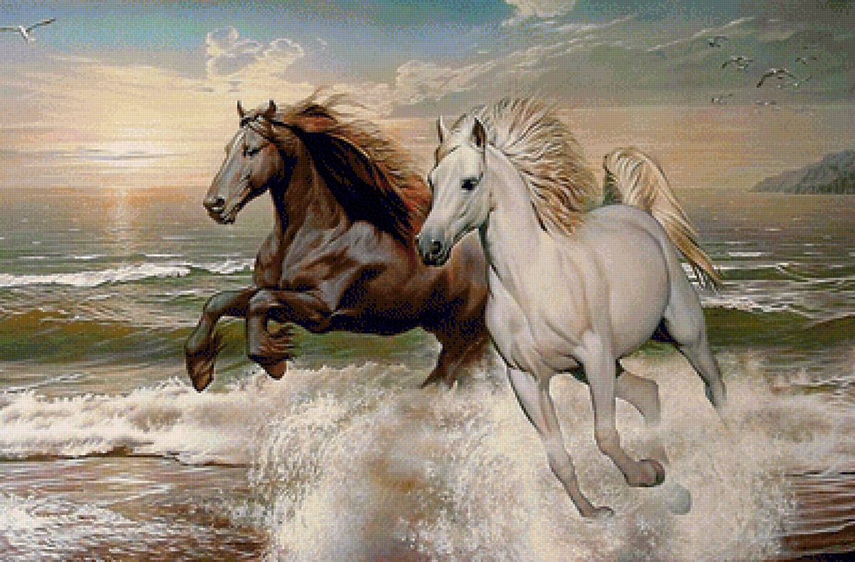 он и она - волны, кони, домашние животные, пара, лошади, волна, белый конь - предпросмотр