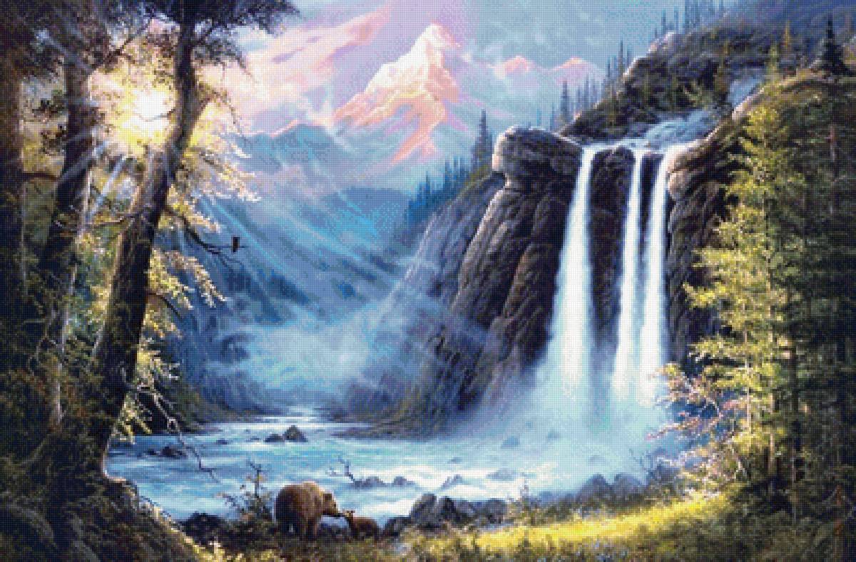 В лучах заката - пейзаж, горы, лес, медведи, водопад - предпросмотр