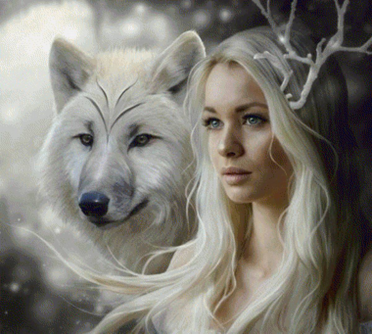 Белая королева - белый цвет, волк, девушка, корона - предпросмотр
