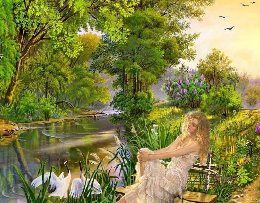Девушка у воды - река, картина, лес, пейзаж - оригинал