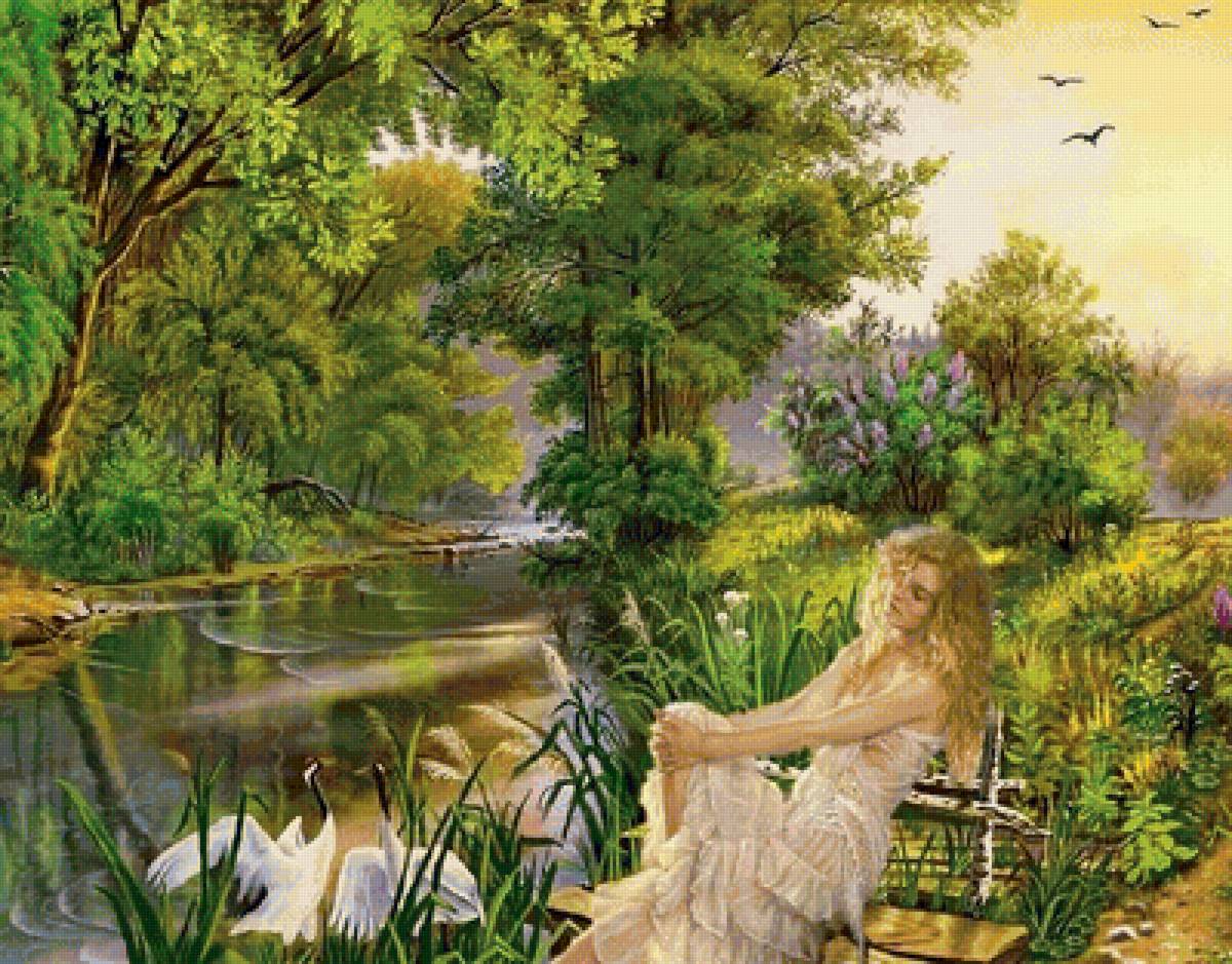 Девушка у воды - пейзаж, река, лес, картина - предпросмотр