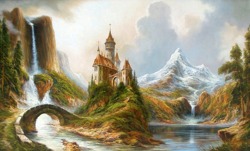Замок в горах - пейзаж, водопад, картина, замок, горы - оригинал