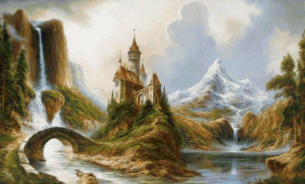 Замок в горах - водопад, замок, горы, пейзаж, картина - предпросмотр