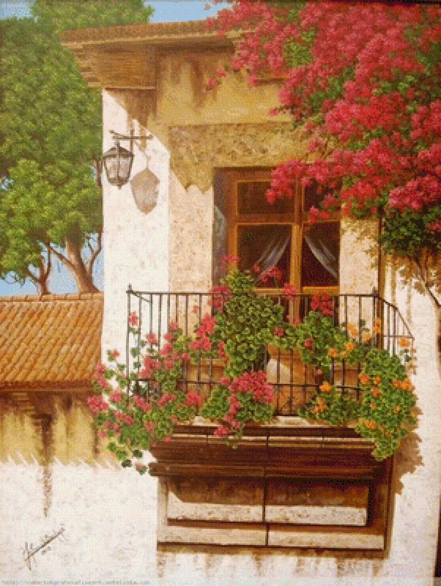 Картина на балконе. Пейзаж с балкона. Картина балконы. Балкон живопись. Цветы на балконах в живописи.