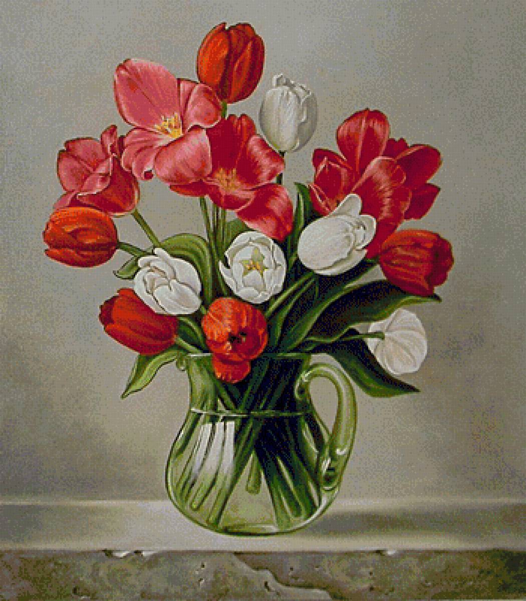 весенние цветы - красные цветы, белые цветы, тюльпаны, весенние цветы, букет - предпросмотр