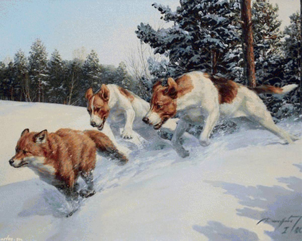 Охота лису собаки. Картины художника Татьяны Данчуровой.
