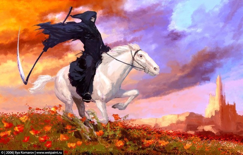 Смерть Плоского мира - белый конь, луг, смерть, закат - оригинал