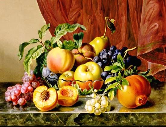 Фруктовый натюрморт - гранат, персик, виноград, фрукты, яблоки - оригинал