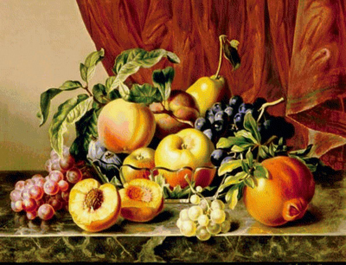 Фруктовый натюрморт - яблоки, виноград, персик, гранат, фрукты - предпросмотр