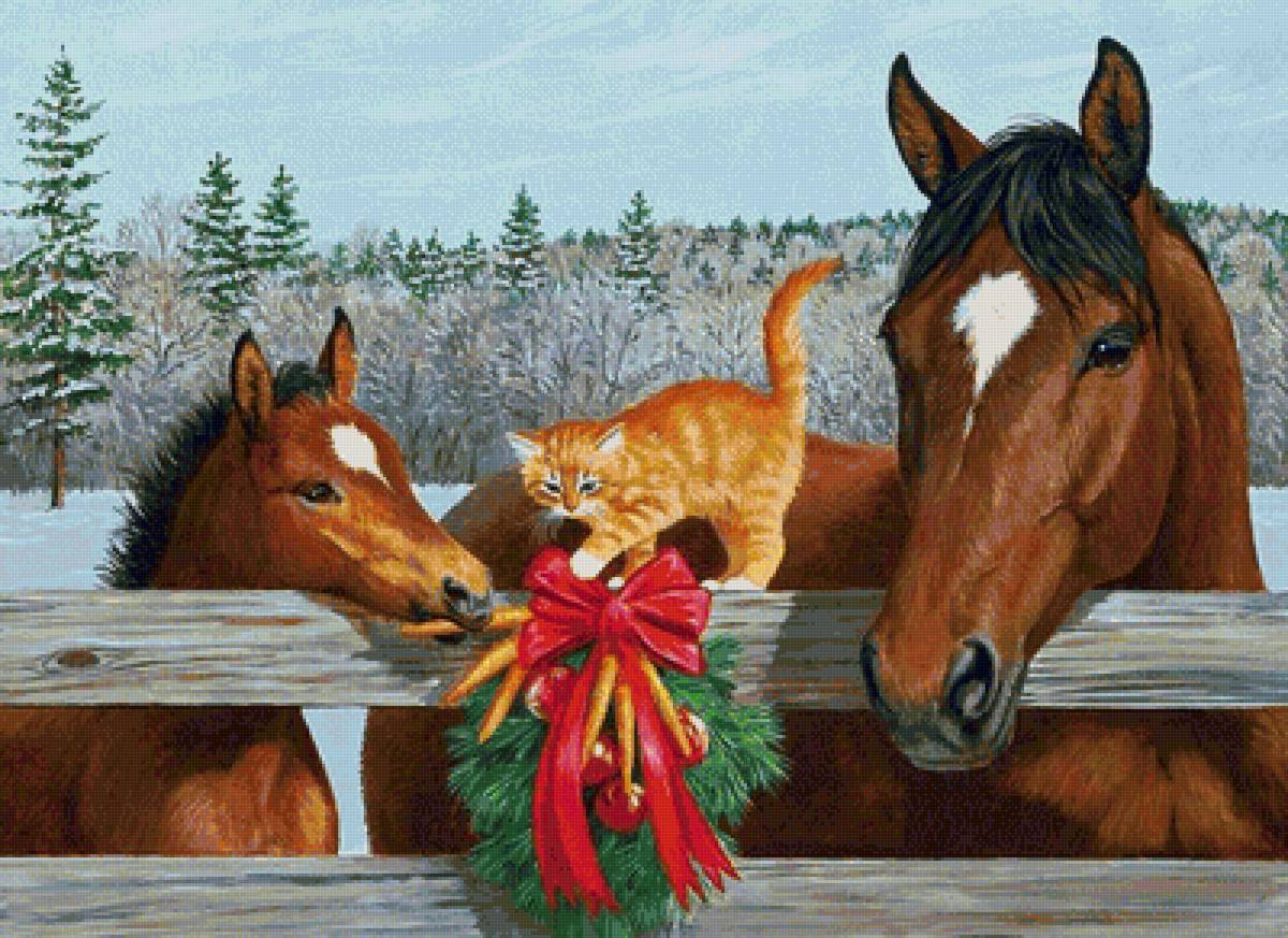 Лошадь с жеребенком. - лошади, кошки, животные, зима - предпросмотр