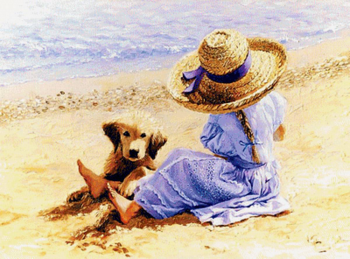 Худ. Ольга Симонова. Солнечный день. - девочка, море, собака, живопись., берег - предпросмотр