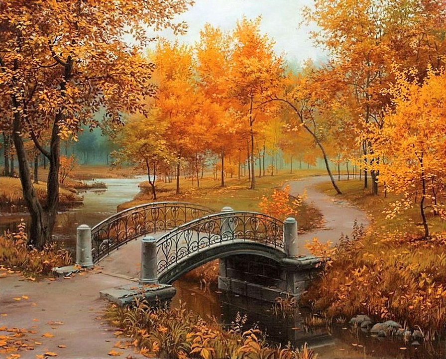 осень золотая(для  анна945) - ручей, мостик, осень, парк, пейзаж, мост, лес - оригинал