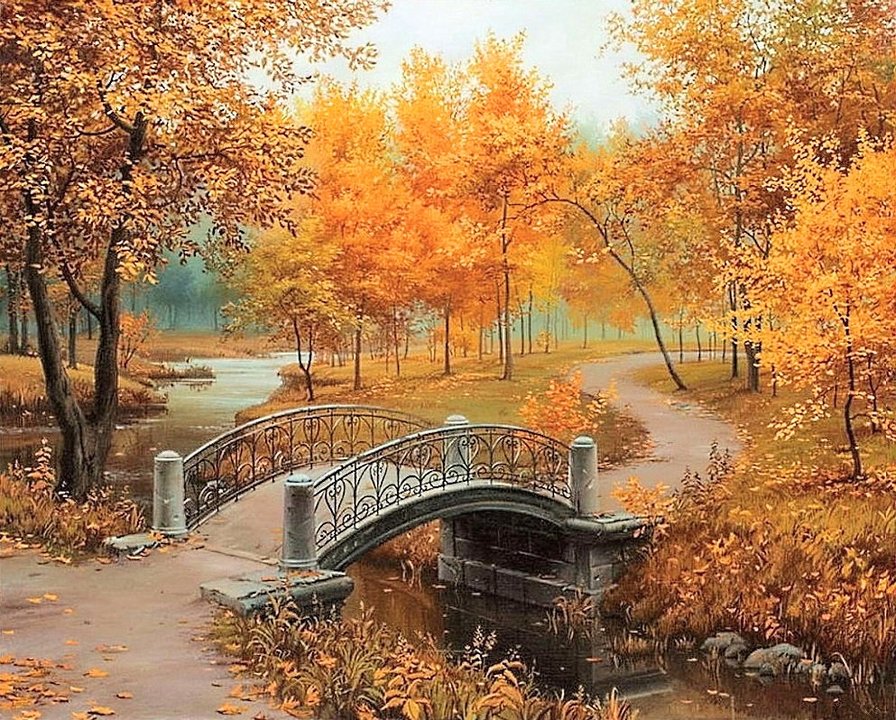 осень золотая(для  анна945) - ручей, лес, парк, мостик, мост, пейзаж, река, осень - оригинал