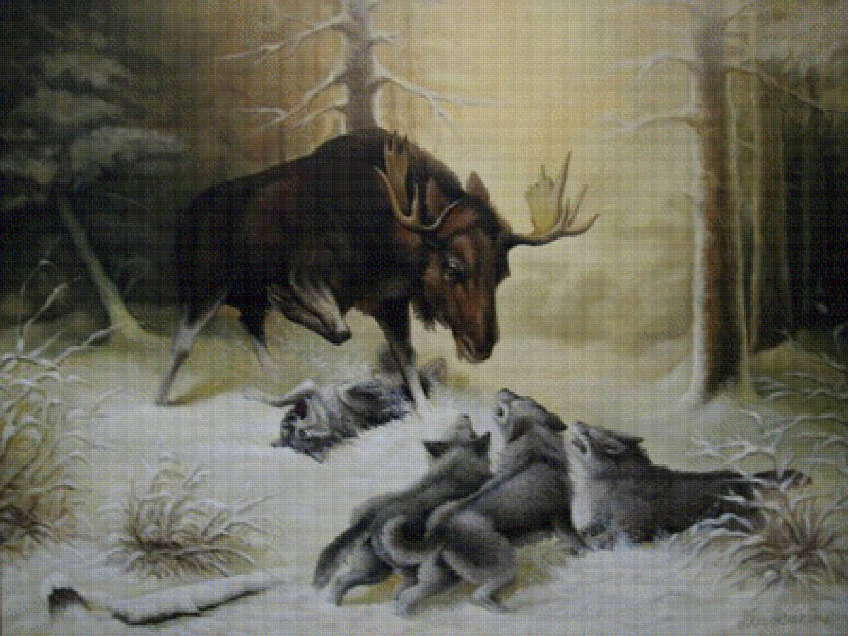 Про лося и волка. Лось живопись. Картина охота. Пейзаж с лосем.