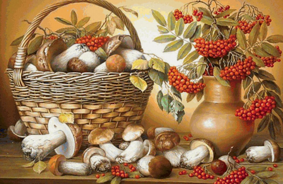 Дары осени - корзинка, дары осени, рябина, грибы - предпросмотр