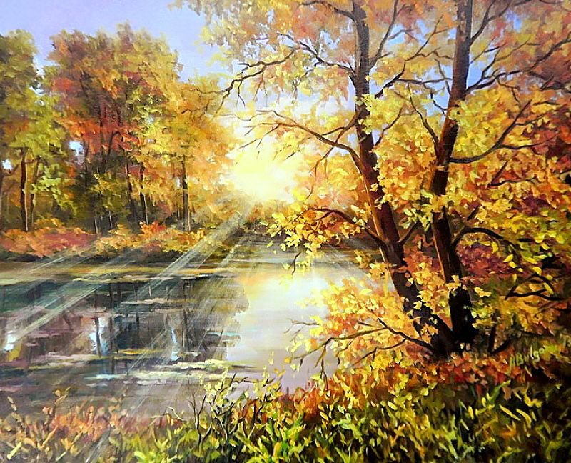 Осенние лучи - осень, деревья, водоем, пейзаж, лучи - оригинал