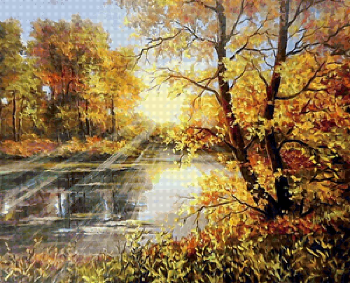 Осенние лучи - осень, пейзаж, деревья, лучи, водоем - предпросмотр