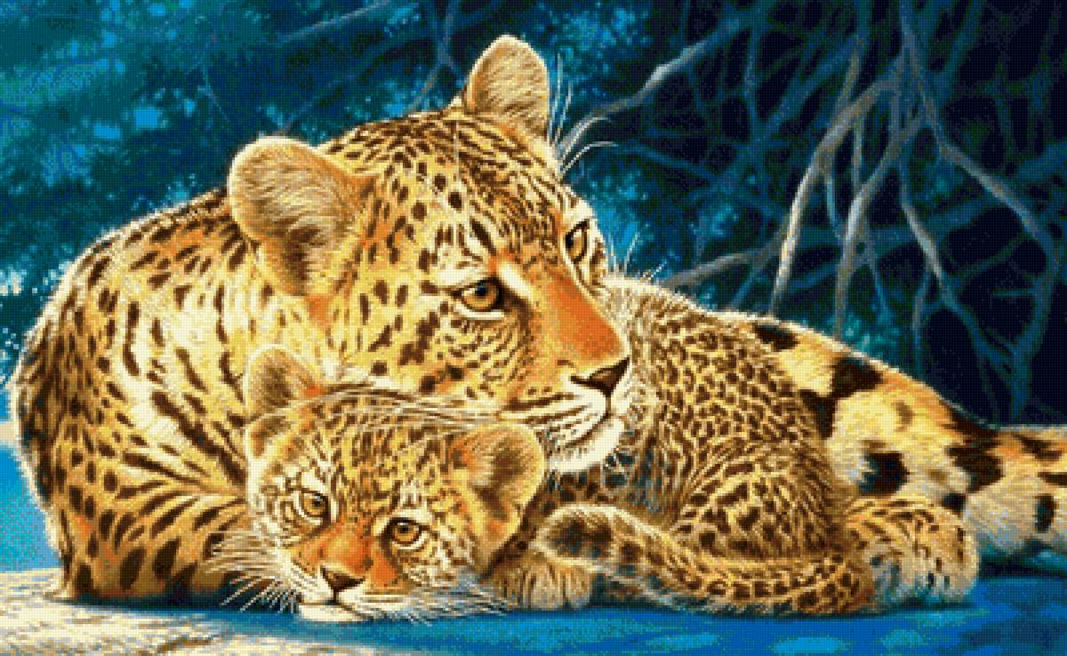 Рядом с мамой - монохром, леопард, хищник, детеныш, животные - предпросмотр